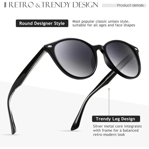 SUNGAIT Retro Round Sunglasses for Women Men Unisex Vintage Trendy Shades  UV400 Protection Classic Designer StyleGlossy Black FrameGrey Gradient Lens