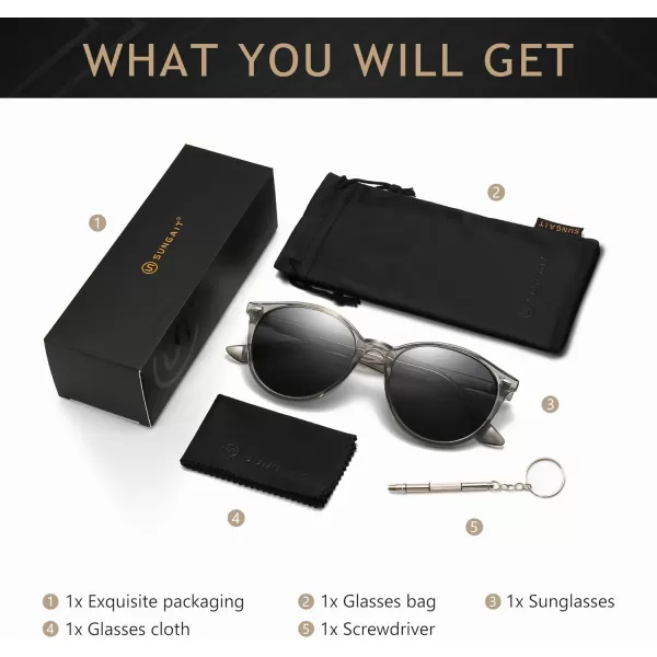SUNGAIT Retro Round Sunglasses for Women Men Unisex Vintage Trendy Shades  UV400 Protection Classic Designer StyleTransparent Grey FrameGrey Lens