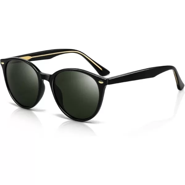 SUNGAIT Retro Round Sunglasses for Women Men Unisex Vintage Trendy Shades  UV400 Protection Classic Designer StyleGlossy Black FrameDark Green Lens