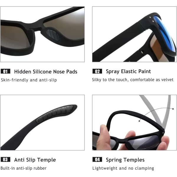 imageSUNGAIT Polarized Sunglasses Men Women Retro Square Unisex Sports Sun Glasses  HD UV400 for Golf Running Driving Fishing2025 Black Frame Matte Finish Blue Mirror Lens