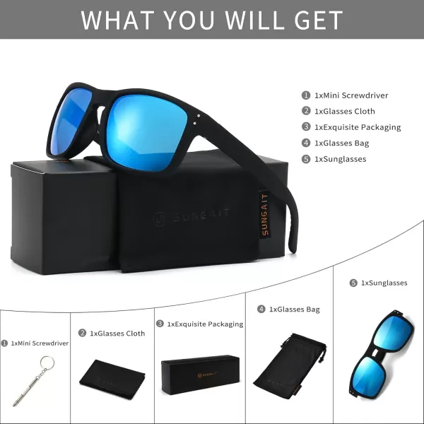 imageSUNGAIT Polarized Sunglasses Men Women Retro Square Unisex Sports Sun Glasses  HD UV400 for Golf Running Driving Fishing2025 Black Frame Matte Finish Blue Mirror Lens