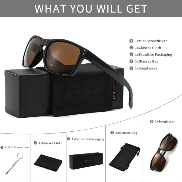 imageSUNGAIT Polarized Sunglasses Men Women Retro Square Unisex Sports Sun Glasses  HD UV400 for Golf Running Driving FishingBlack Frame Glossy FinishBrown Lens