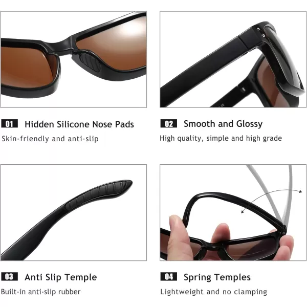imageSUNGAIT Polarized Sunglasses Men Women Retro Square Unisex Sports Sun Glasses  HD UV400 for Golf Running Driving FishingBlack Frame Glossy FinishBrown Lens