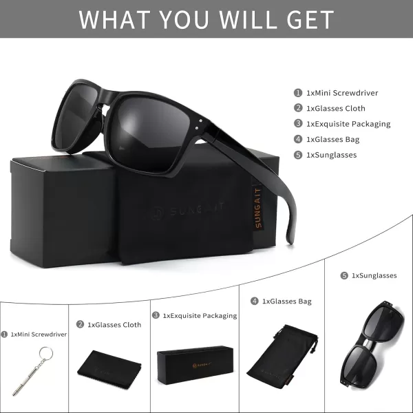 imageSUNGAIT Polarized Sunglasses Men Women Retro Square Unisex Sports Sun Glasses  HD UV400 for Golf Running Driving FishingBlack Frame Golssy FinishGrey Lens