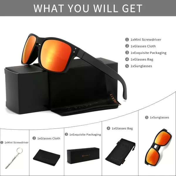 imageSUNGAIT Polarized Sunglasses Men Women Retro Square Unisex Sports Sun Glasses  HD UV400 for Golf Running Driving FishingBlack Frame Matte FinishOrange Red Lens