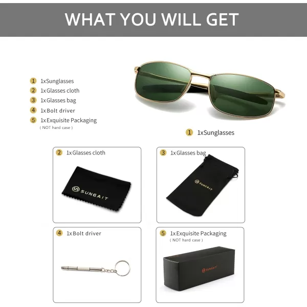 imageSUNGAIT Rectangle Polarized Sunglasses Men Small Retro Vintage Sun glasses for Women Men UV400 ProtectionGold Frame Dark Green Lens