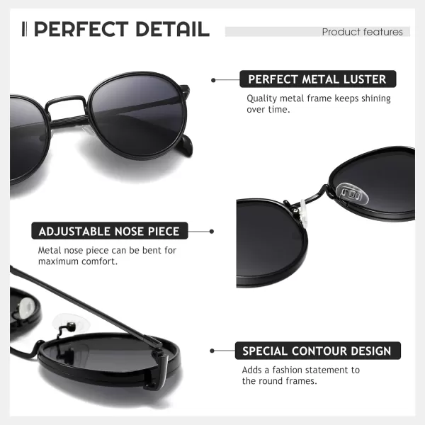 imageSUNGAIT Round Sunglasses for Women Men Retro Sun Glasses for Driving Beach Camping Trip  UV400 ProtectionBlack Frame Gray Lens