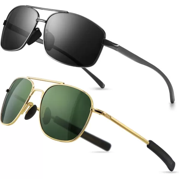 imageSUNGAIT Ultra Lightweight Rectangular Mens Sunglasses and Military Style Polarized Pilot Aviator SunglassesGunmetalGray  GoldDark Green
