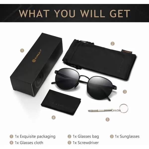 imageSUNGAIT Small Round Polarized Sunglasses Classic Vintage Unisex Shades for Men Women  Retro Circle Sun Glasses UV400Black FrameGrey Lens