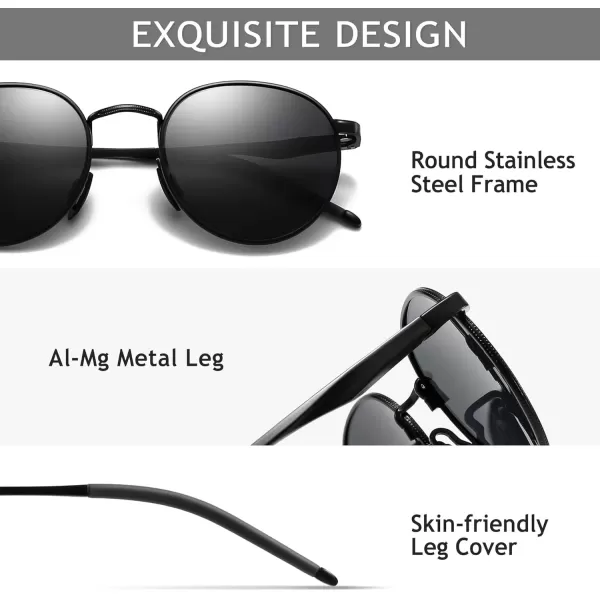 imageSUNGAIT Small Round Polarized Sunglasses Classic Vintage Unisex Shades for Men Women  Retro Circle Sun Glasses UV400Black FrameGrey Lens