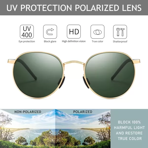 imageSUNGAIT Small Round Polarized Sunglasses Classic Vintage Unisex Shades for Men Women  Retro Circle Sun Glasses UV400Gold FrameDark Green Lens