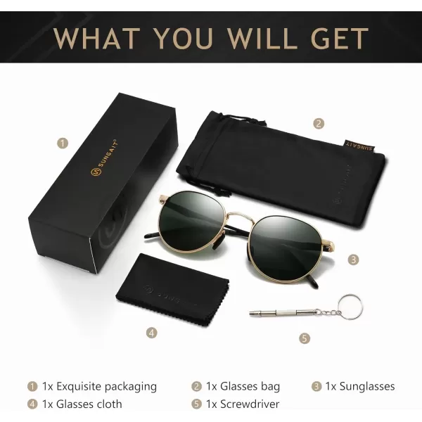 imageSUNGAIT Small Round Polarized Sunglasses Classic Vintage Unisex Shades for Men Women  Retro Circle Sun Glasses UV400Gold FrameDark Green Lens