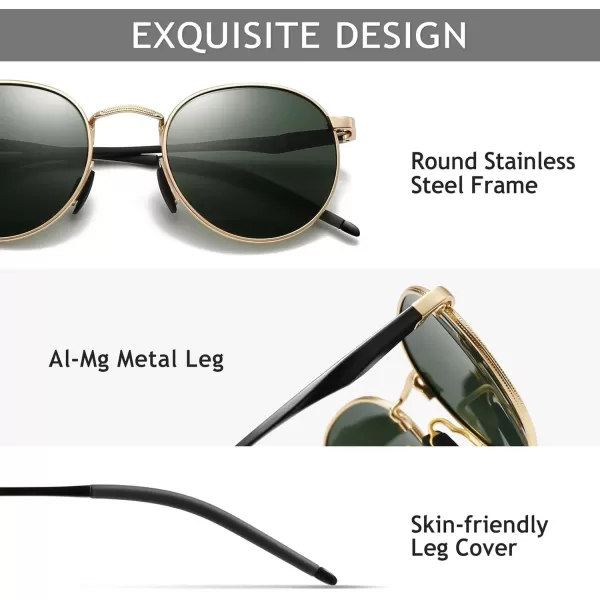 imageSUNGAIT Small Round Polarized Sunglasses Classic Vintage Unisex Shades for Men Women  Retro Circle Sun Glasses UV400Gold FrameDark Green Lens