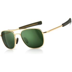 imageSUNGAIT Mens Military Style Polarized Pilot Aviator Sunglasses Bayonet Temples2025 Gold FrameGreen Lens