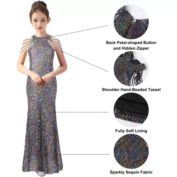 Girls Sequin Dress Halter Neck HandBeaded Tassel Elegant Birthday Wedding Party Maxi DressesBlack Iridescence