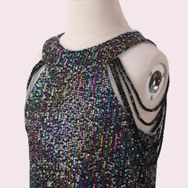 Girls Sequin Dress Halter Neck HandBeaded Tassel Elegant Birthday Wedding Party Maxi DressesBlack Iridescence