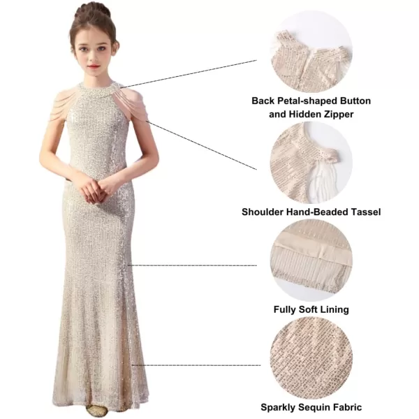 Girls Sequin Dress Halter Neck HandBeaded Tassel Elegant Birthday Wedding Party Maxi DressesChampagne