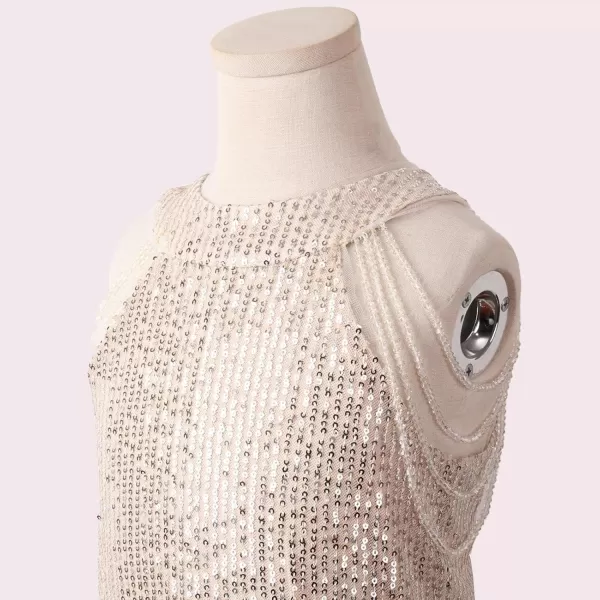 Girls Sequin Dress Halter Neck HandBeaded Tassel Elegant Birthday Wedding Party Maxi DressesChampagne