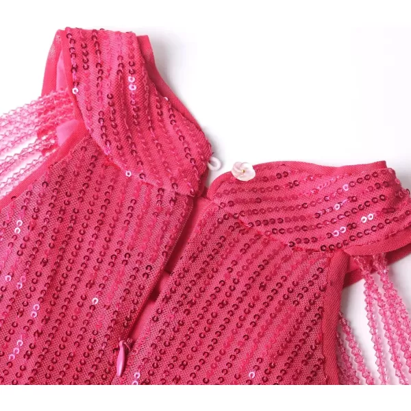 Girls Sequin Dress Halter Neck HandBeaded Tassel Elegant Birthday Wedding Party Maxi DressesHot Pink