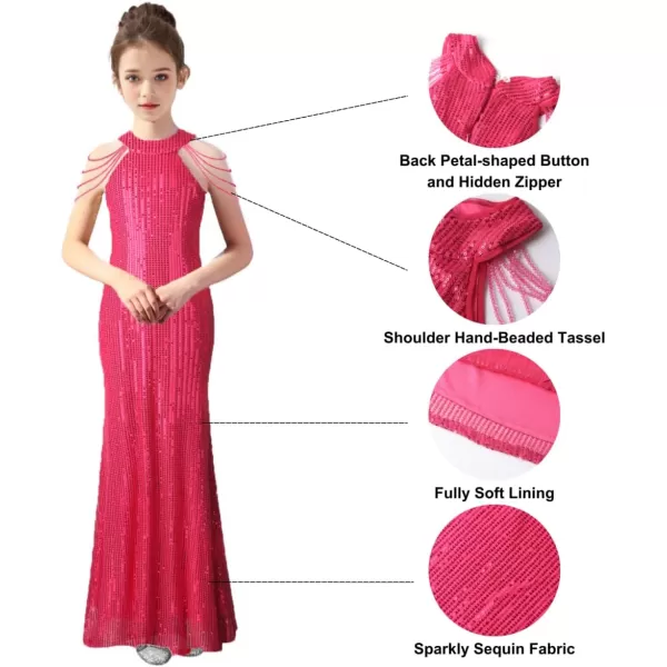 Girls Sequin Dress Halter Neck HandBeaded Tassel Elegant Birthday Wedding Party Maxi DressesHot Pink