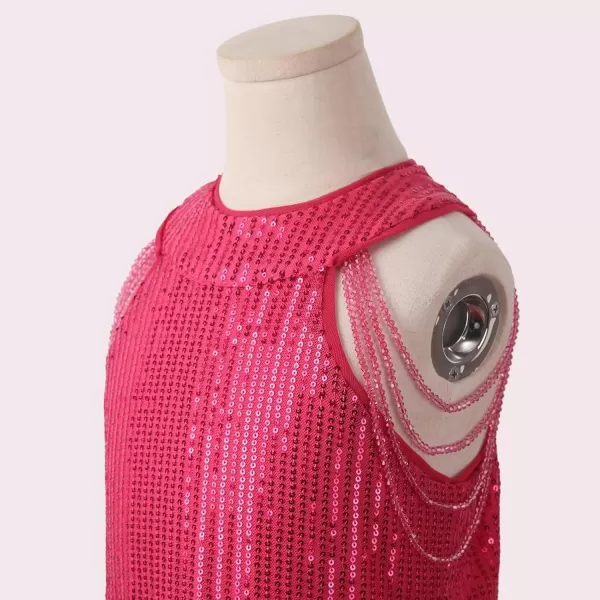 Girls Sequin Dress Halter Neck HandBeaded Tassel Elegant Birthday Wedding Party Maxi DressesHot Pink