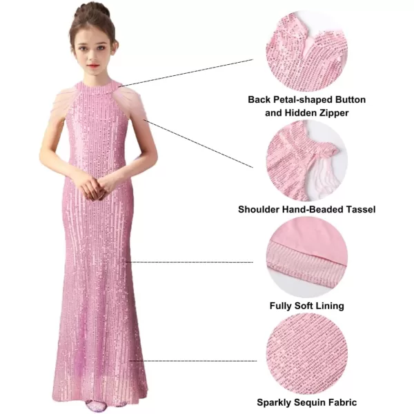 Girls Sequin Dress Halter Neck HandBeaded Tassel Elegant Birthday Wedding Party Maxi DressesPink