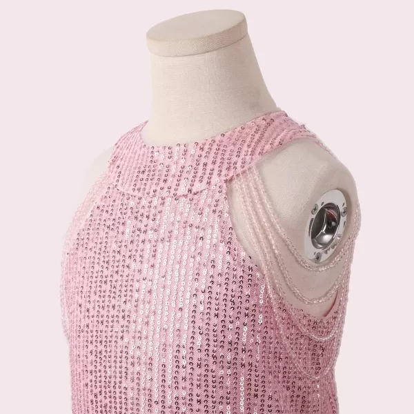 Girls Sequin Dress Halter Neck HandBeaded Tassel Elegant Birthday Wedding Party Maxi DressesPink