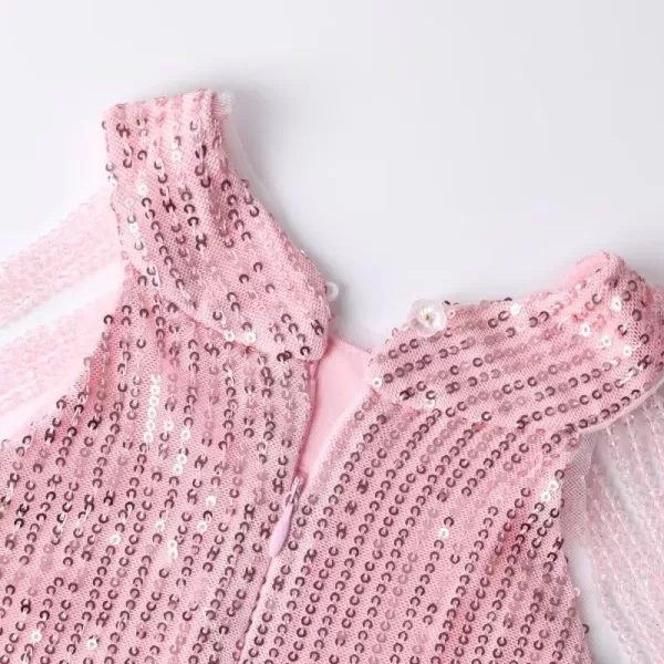 Girls Sequin Dress Halter Neck HandBeaded Tassel Elegant Birthday Wedding Party Maxi DressesPink