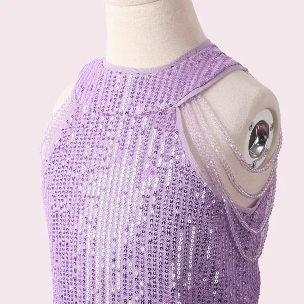 Girls Sequin Dress Halter Neck HandBeaded Tassel Elegant Birthday Wedding Party Maxi DressesPurple