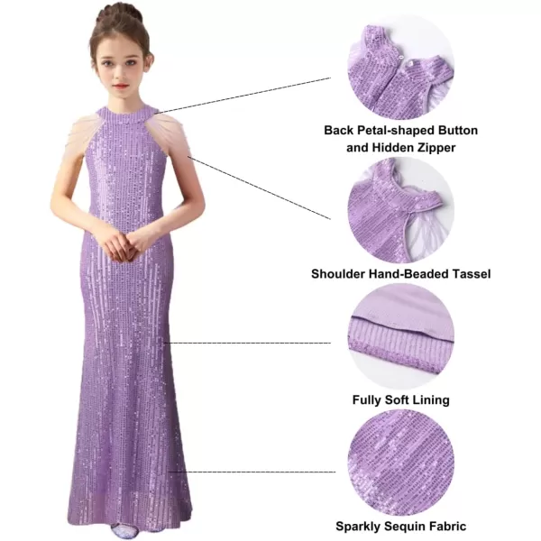 Girls Sequin Dress Halter Neck HandBeaded Tassel Elegant Birthday Wedding Party Maxi DressesPurple
