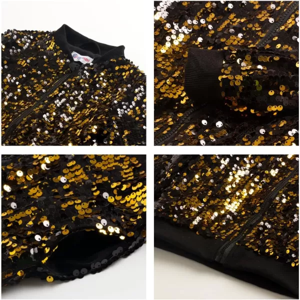WELAKEN Girls Ombre Sequin Bomber Jacket with Pockets Lightweight Sparkle Long Sleeve Zipper Gradient Jackets for KidBlack gold