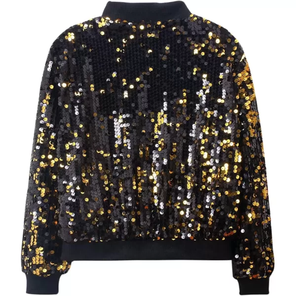 WELAKEN Girls Ombre Sequin Bomber Jacket with Pockets Lightweight Sparkle Long Sleeve Zipper Gradient Jackets for KidBlack gold