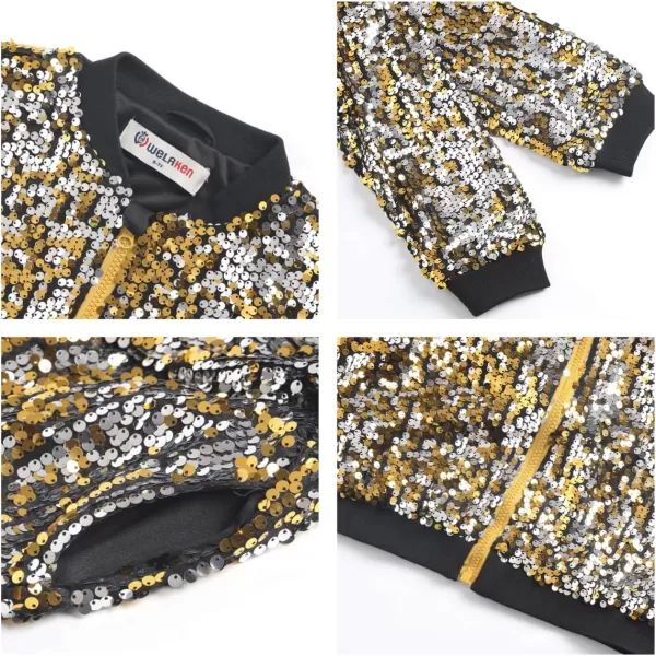 WELAKEN Girls Ombre Sequin Bomber Jacket with Pockets Lightweight Sparkle Long Sleeve Zipper Gradient Jackets for KidFlip gold to Silver