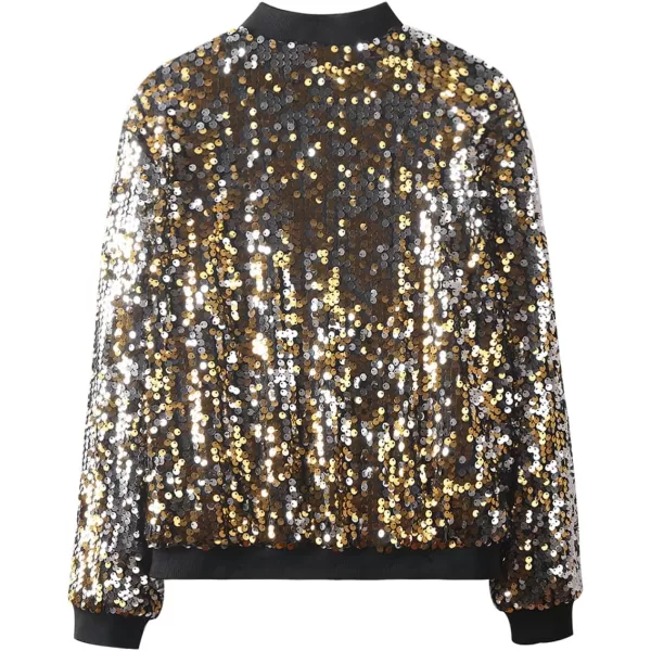 WELAKEN Girls Ombre Sequin Bomber Jacket with Pockets Lightweight Sparkle Long Sleeve Zipper Gradient Jackets for KidFlip gold to Silver