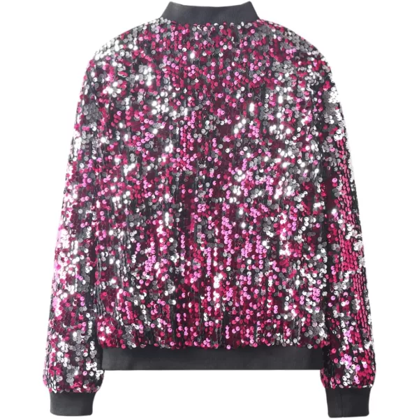WELAKEN Girls Ombre Sequin Bomber Jacket with Pockets Lightweight Sparkle Long Sleeve Zipper Gradient Jackets for KidFlip silver to Hot Pink
