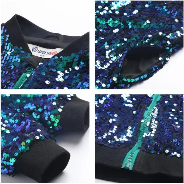 WELAKEN Girls Ombre Sequin Bomber Jacket with Pockets Lightweight Sparkle Long Sleeve Zipper Gradient Jackets for KidHolographic green