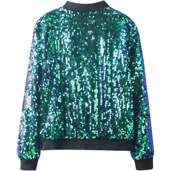 WELAKEN Girls Ombre Sequin Bomber Jacket with Pockets Lightweight Sparkle Long Sleeve Zipper Gradient Jackets for KidHolographic green