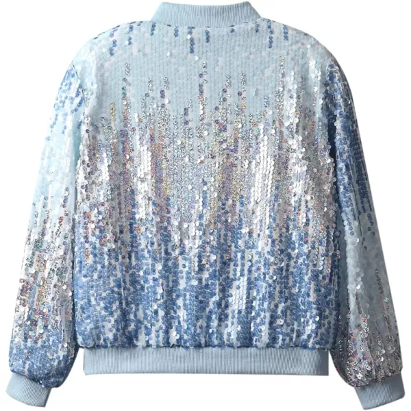 WELAKEN Girls Ombre Sequin Bomber Jacket with Pockets Lightweight Sparkle Long Sleeve Zipper Gradient Jackets for KidOmbre  Blue silvery
