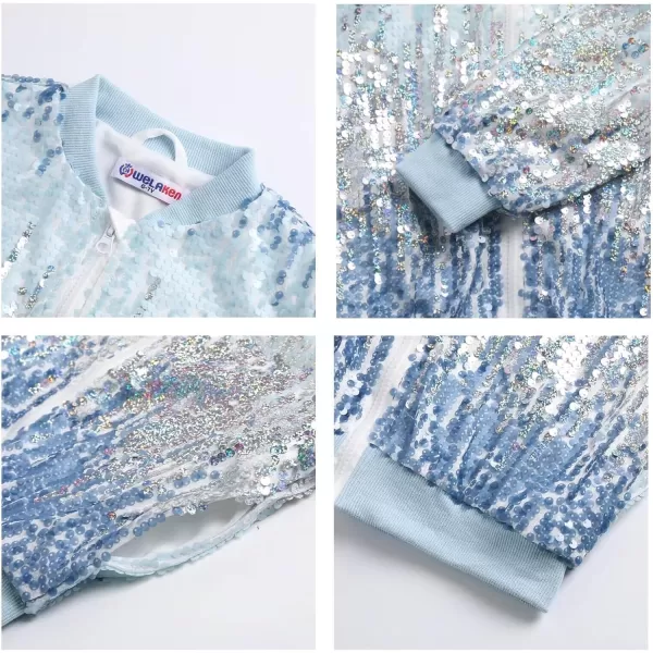 WELAKEN Girls Ombre Sequin Bomber Jacket with Pockets Lightweight Sparkle Long Sleeve Zipper Gradient Jackets for KidOmbre  Blue silvery