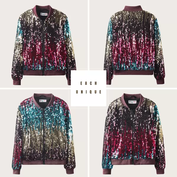 WELAKEN Girls Ombre Sequin Bomber Jacket with Pockets Lightweight Sparkle Long Sleeve Zipper Gradient Jackets for KidOmbre  Purple Brown red
