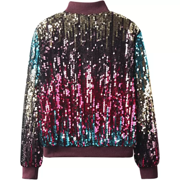 WELAKEN Girls Ombre Sequin Bomber Jacket with Pockets Lightweight Sparkle Long Sleeve Zipper Gradient Jackets for KidOmbre  Purple Brown red