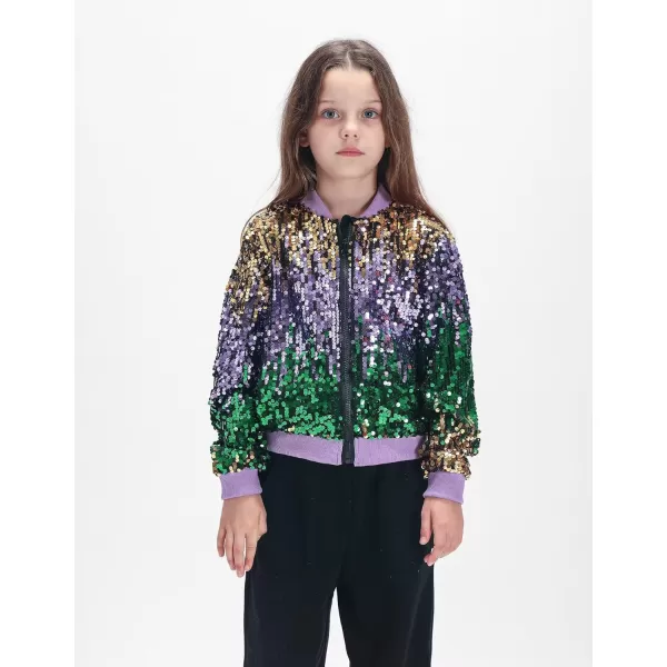 WELAKEN Girls Ombre Sequin Bomber Jacket with Pockets Lightweight Sparkle Long Sleeve Zipper Gradient Jackets for KidOmbre  Purple green