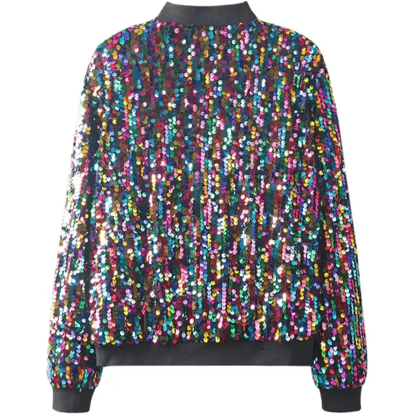 WELAKEN Girls Ombre Sequin Bomber Jacket with Pockets Lightweight Sparkle Long Sleeve Zipper Gradient Jackets for KidRainbow