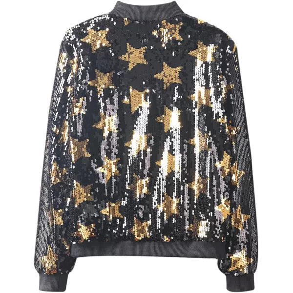 WELAKEN Girls Ombre Sequin Bomber Jacket with Pockets Lightweight Sparkle Long Sleeve Zipper Gradient Jackets for KidStar black