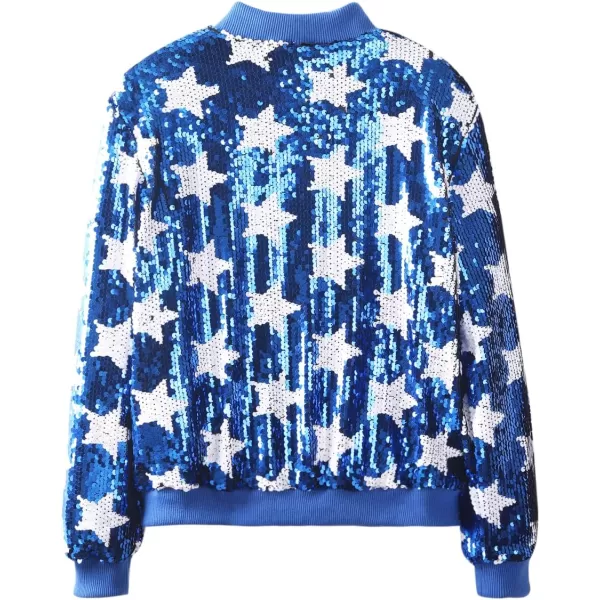 WELAKEN Girls Ombre Sequin Bomber Jacket with Pockets Lightweight Sparkle Long Sleeve Zipper Gradient Jackets for KidStar blue
