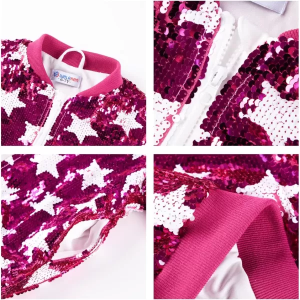 WELAKEN Girls Ombre Sequin Bomber Jacket with Pockets Lightweight Sparkle Long Sleeve Zipper Gradient Jackets for KidStar hot Pink