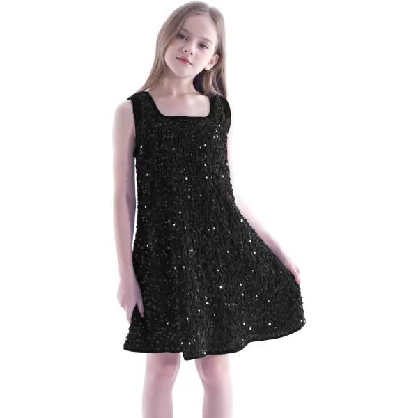 WELAKEN Girls Sequin Dress ALine Sleeveless Sparkly Gown Party Dresses with Faux Fur TrimBlack