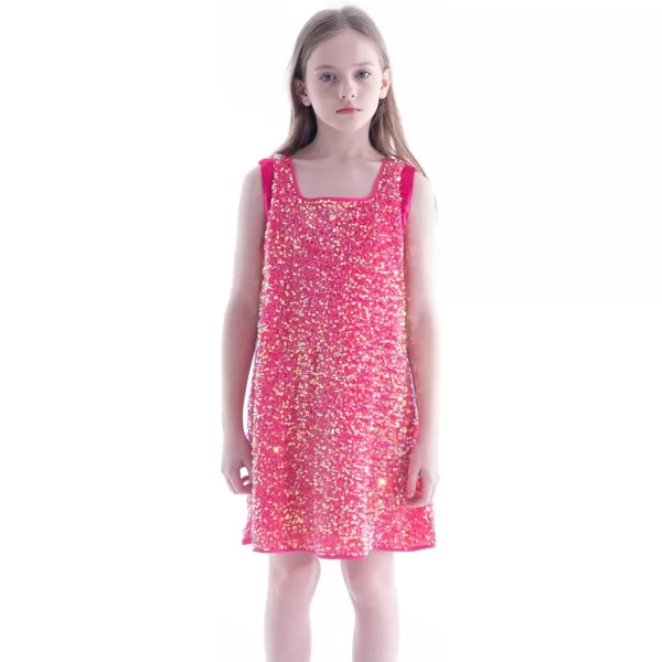WELAKEN Girls Sequin Dress ALine Sleeveless Sparkly Gown Party Dresses with Faux Fur TrimHot Pink