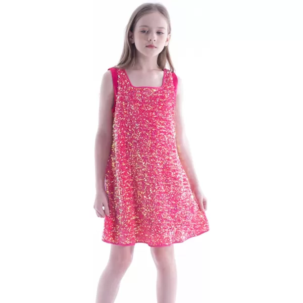 WELAKEN Girls Sequin Dress ALine Sleeveless Sparkly Gown Party Dresses with Faux Fur TrimHot Pink