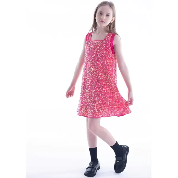 WELAKEN Girls Sequin Dress ALine Sleeveless Sparkly Gown Party Dresses with Faux Fur TrimHot Pink
